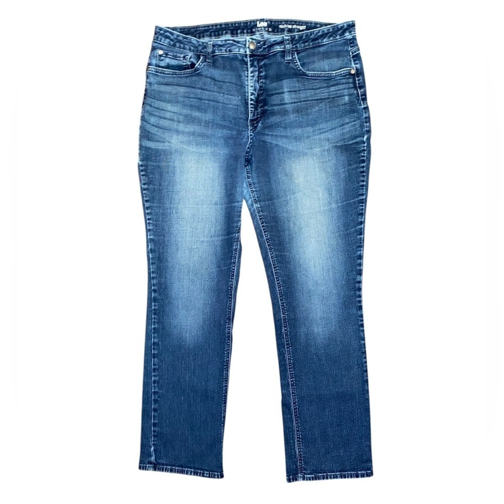 LEE RIDER Straight Leg Mid-rise Distressed Jeans Medium Blue Plus Size 18